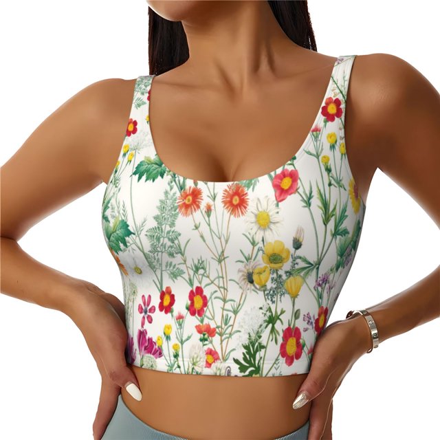 Balery Spring floral Sujetadores deportivos con espalda cruzada para mujer, acolchados, sin costuras, de alto impacto, ideales para yoga, gimnasio, entrenamiento y fitness.-Large