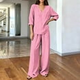 thumbnail image 5 of sdhkgrrt Women's Plus Size 2 Piece Pajama Outfit Striped V Neck 3/4 Sleeve Blouse Wide Leg Pants Casual Boho Lounge Set Loose Matching Travel Daily Tracksuits, Pink 3XL, 5 of 6