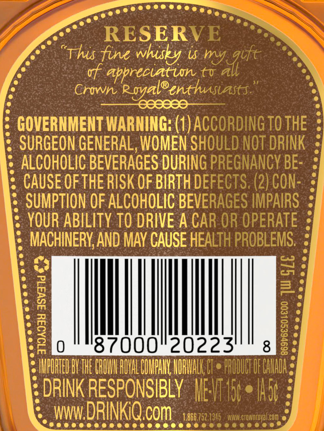 Download Crown Royal Reserve Blended Canadian Whisky 375 Ml Walmart Com Walmart Com