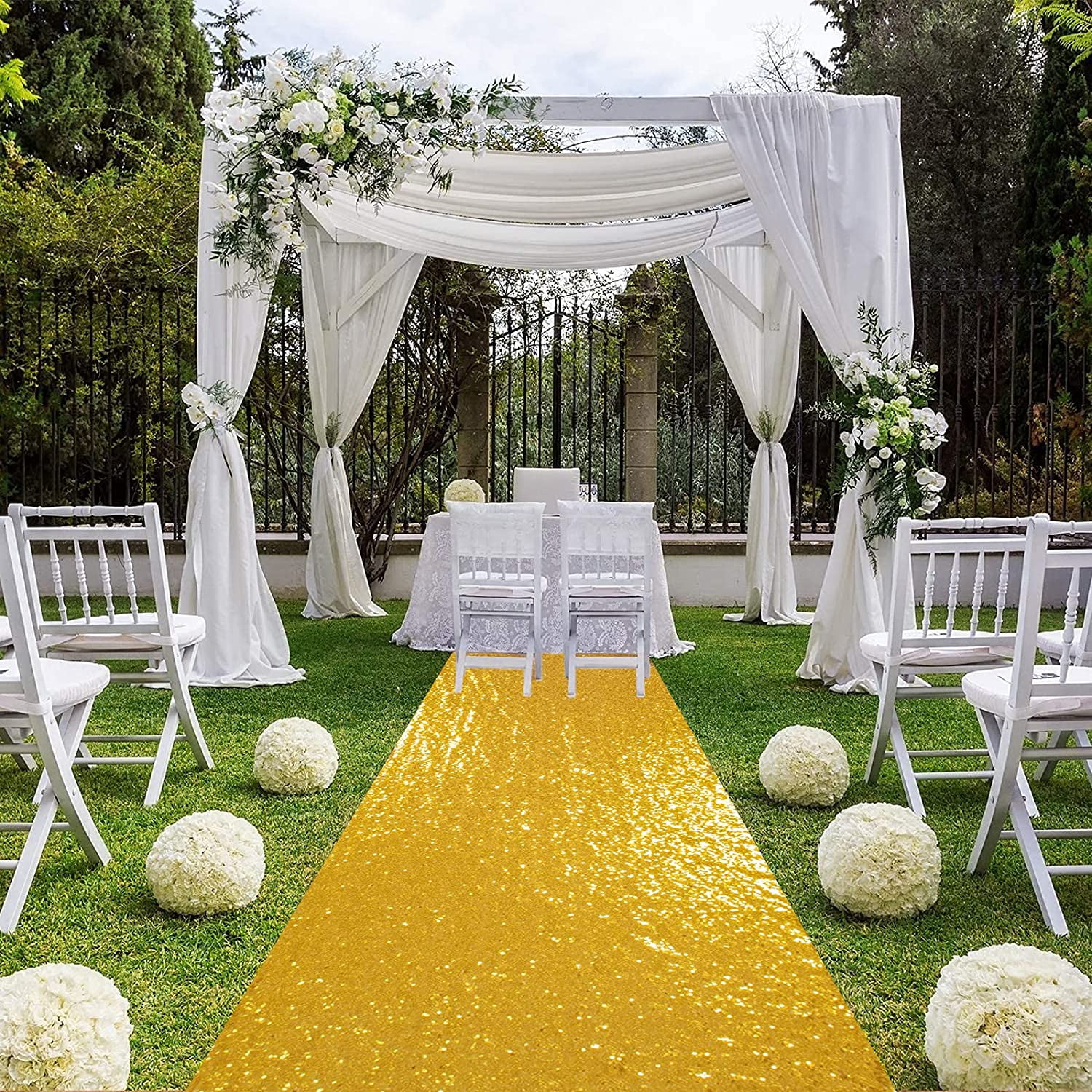 Wedding Aisle Runner White Golden 50 x 3 ft Ceremony And Party Rug Pull String 