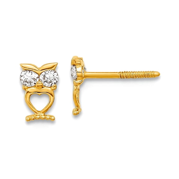 14k Solid Yellow Gold Owl With Cubic Zirconia Eyes Screw Back Post Earrings 5.6x3.9mm Wide Stud Earring for Women
