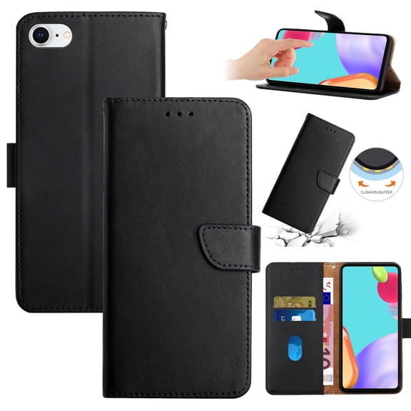 Compatible with iPhone 7 / 8 / SE 2020 / SE 2022 Vintage Wallet || Real Leather Wallet Phone Case || Genuine Leather with Viewing Stand & Card Holder || Magnetic Flip Folio Cover with Card Slot, Black