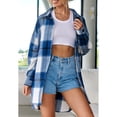 thumbnail image 2 of Women' Coat Plaid Shirt Woolen Lapel Long Sleeves Single Row Buttons Irregular Hem Blue S, 2 of 6