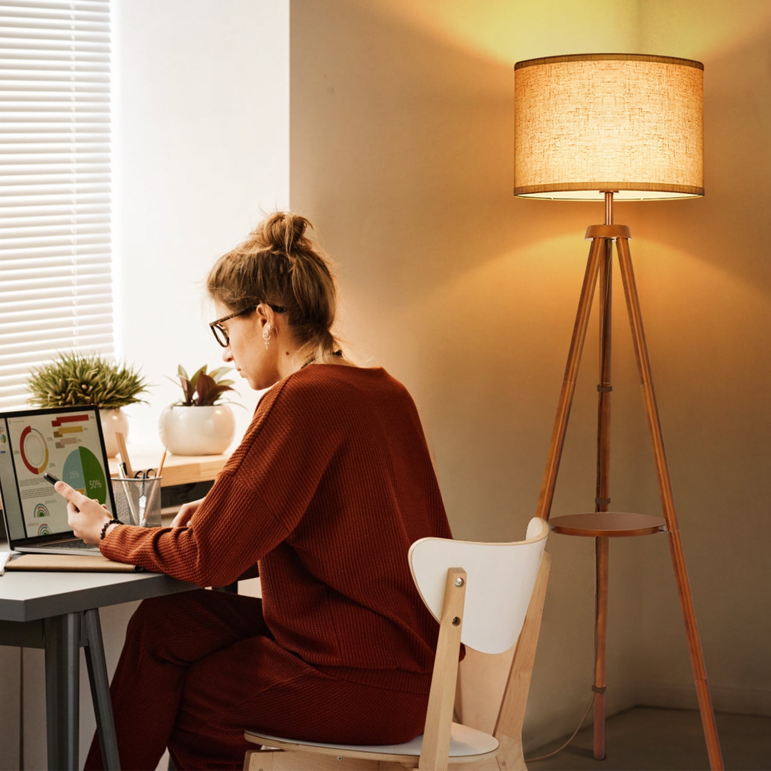 OUTON 63" Wood Tripod Floor Lamp with Shelves, Dimmable Standing Lamps with Remote Control, Modern Shelf Floor Lamp for Living Room, Bedroom, Office, LED Bulbs Included
