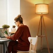 OUTON 63 Wood Tripod Floor Lamp with Shelves, Dimmable Standing Lamps with Remote Control, Modern Shelf Floor Lamp for Living Room, Bedroom, Office, LED Bulbs Included