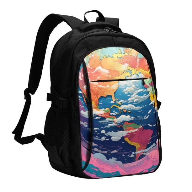 Balery Colorful Whimsical Earth Mochila con carga USB para hombre y mujer - Mochila impermeable y antirrobo para laptop con puerto USB para viajes, trabajo
