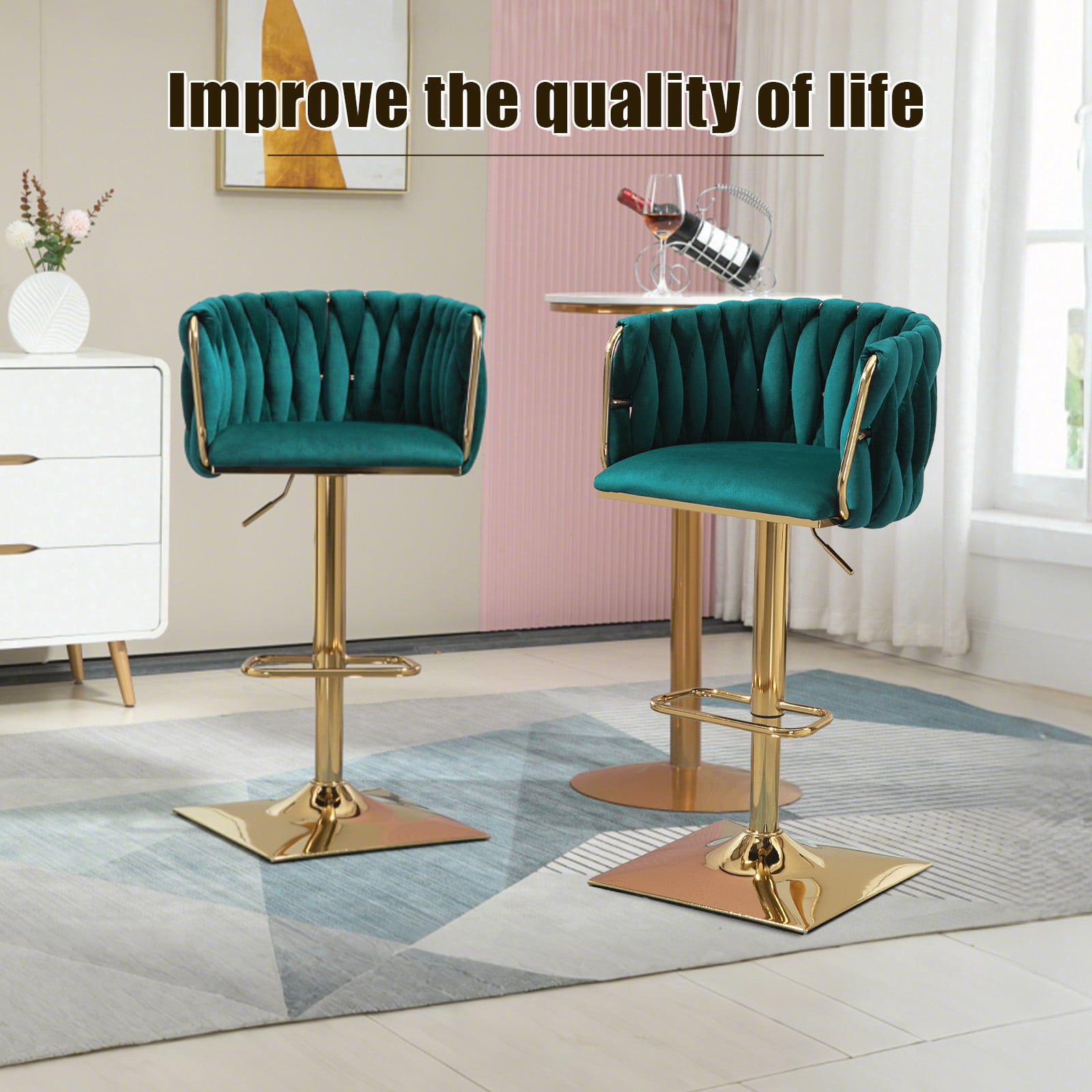 Villeston 360°Swivel Bar Stools Velvet Upholstered Adjustable Bar Chairs Set of 2 with Back & Footrest for Home and Kitchen,Emerald