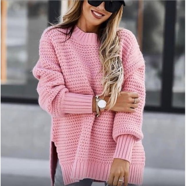 Suéter de punto con cuello alto medio suelto de color sólido de manga larga con aguja gruesa y abertura lateral para mujer de otoño e invierno