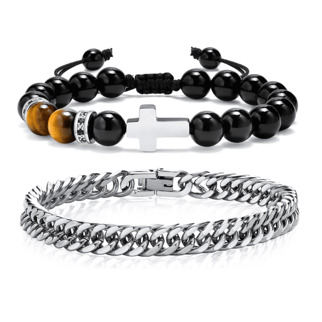 Pulsera Hombre Acero Inoxidable Cruz Ojo De Tigre