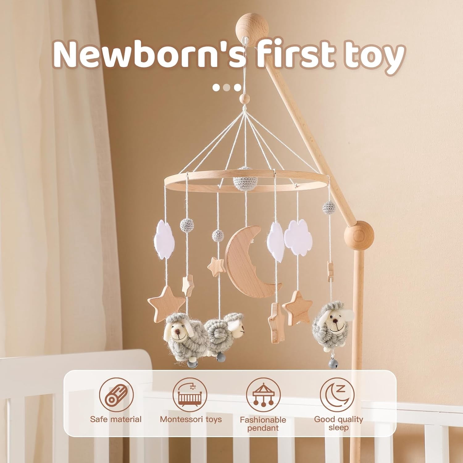Wooden Baby Crib Mobile – Montessori-Inspired Nursery Decor with Soft Neutral Tones, Handcrafted Hanging Toy for Newborns 0-6 Months, Calming Visual & Sound Stimulation Gift​