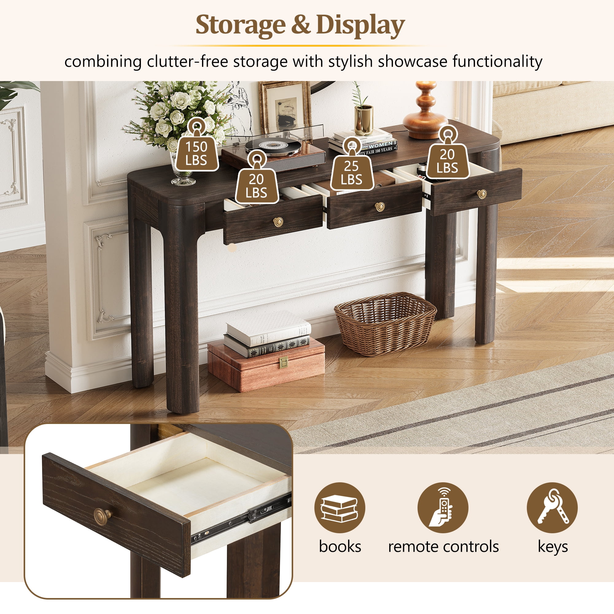 Aukfa 52" Console Table with Curved Corners, 3 Drawers & Thick Legs, Entryway Table for Living Room & Hallway, Espresso