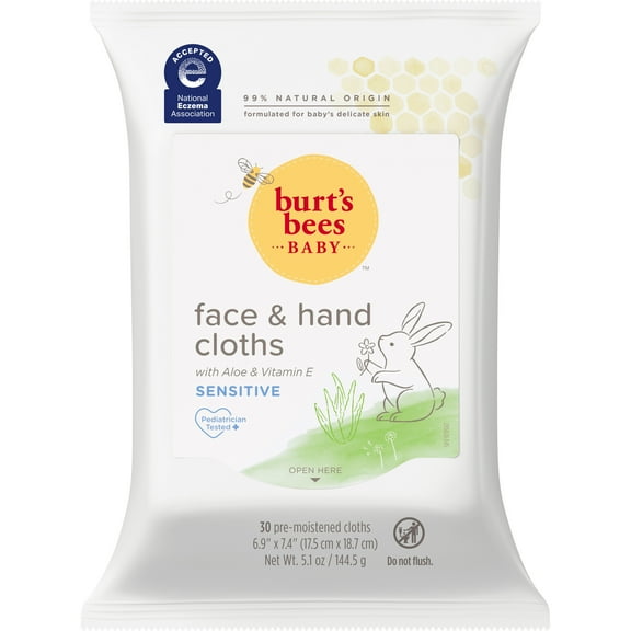 Burt's Bees Baby Face & Hand Cloths, Unscented Cleansing Wipes for Sensitive Skin - 30 Wipes