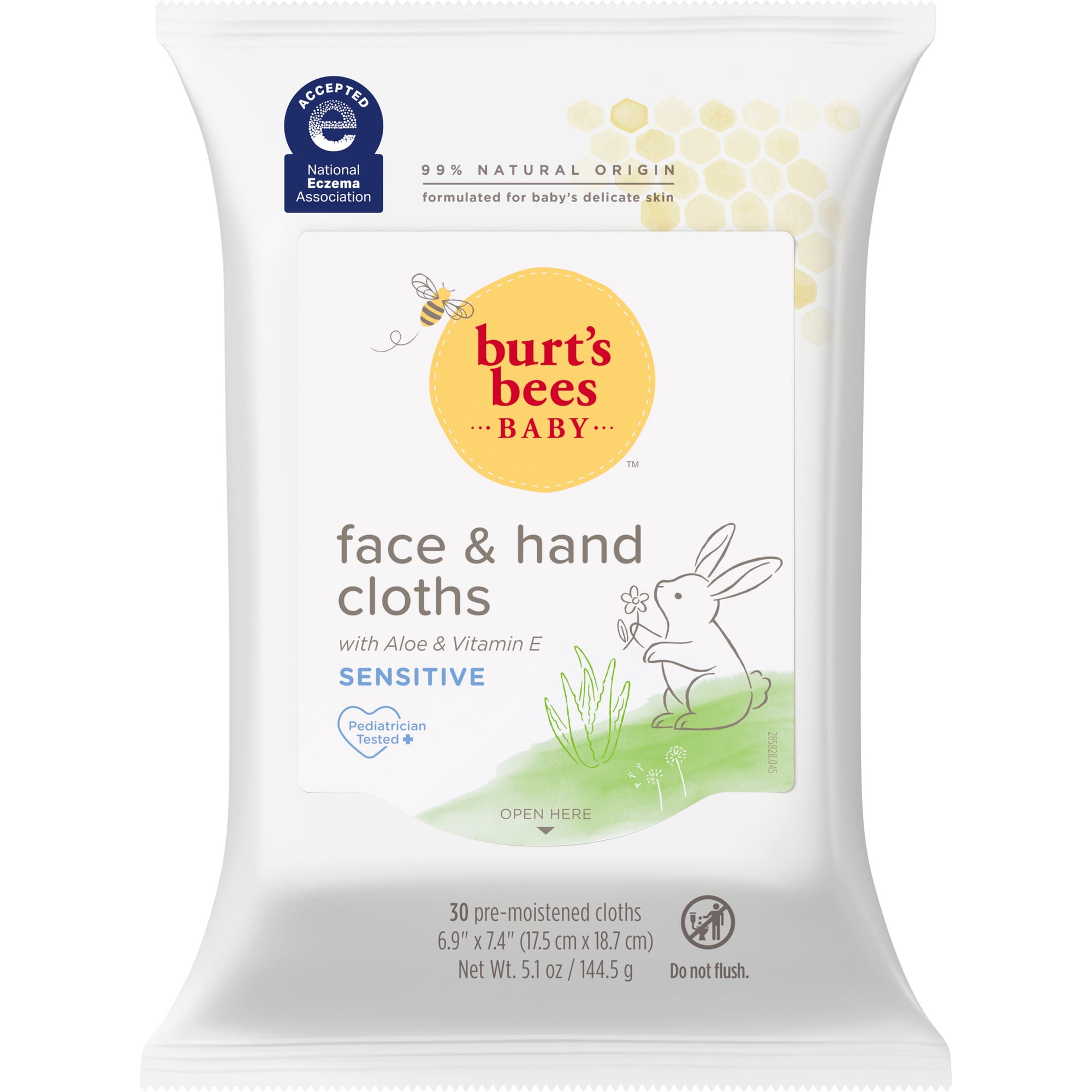 Burt's Bees Baby Face & Hand Cloths, Unscented Cleansing Wipes for Sensitive Skin, 30 Wipes