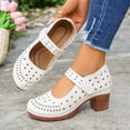 thumbnail image 5 of Domuza Womens Perforated Mary Jane Block Heel Shoes, Adjustable Hook-and-Loop Strap Closed Toe Breathable Casual Comfortable Walking Footwear White 6.5（EU-37）, 5 of 6