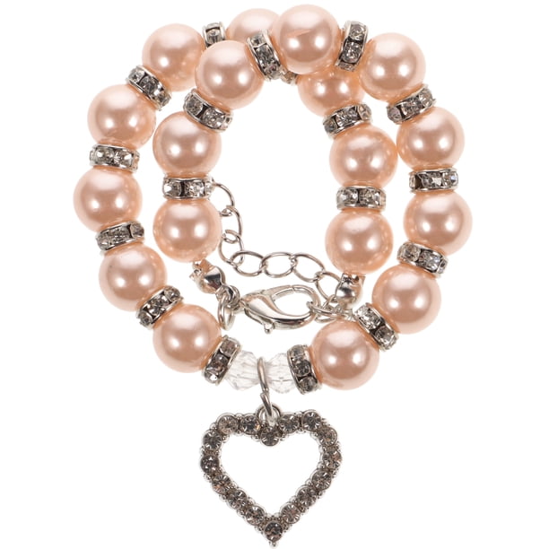 Collar para mascotas con colgante de corazón de cristal, collar para gatos y perros, joyería con perlas brillantes, talla M (rosa)