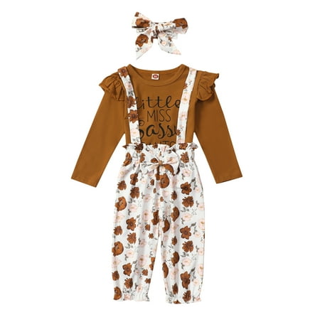 

Calsunbaby 3PCS Toddler Infant Baby Girls Letter Print Long Sleeve O-Neck Tops Floral Print Suspender Trousers Headband