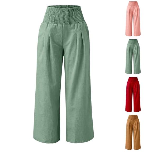 Women's High Waist Linen Wide Leg Pants Elastic Waist Casual Trousers with Pockets Lightweight by Yigetop Brown L