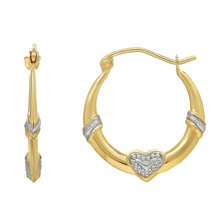 Simply Gold 10kt Yellow Gold and White Center Heart Hoop Earrings