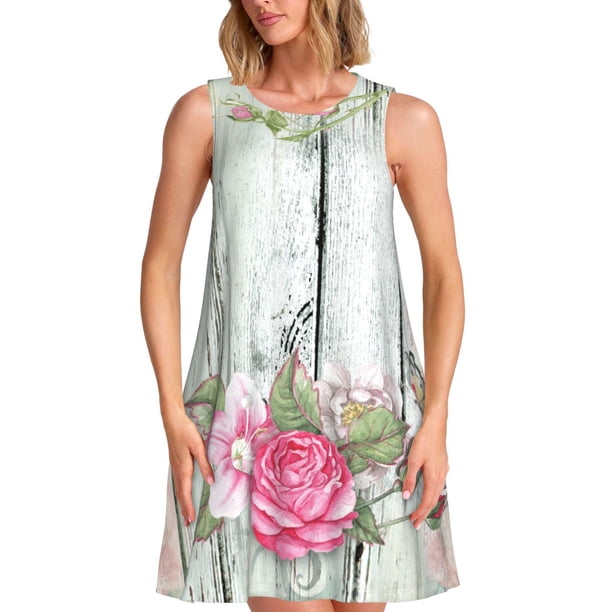 Disketp Vintage Wood with Floral para Vestido sin Mangas para Mujeres, Vestidos de Verano para Mujeres, Casual y Holgado para la Playa