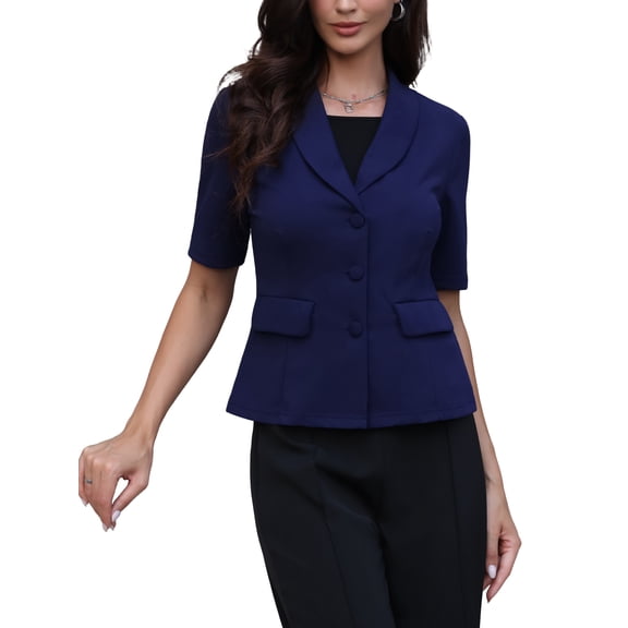 Short Sleeve Blazer for Women Summer Button Business Casual Office Work Suit Jacket XS Dark Blue