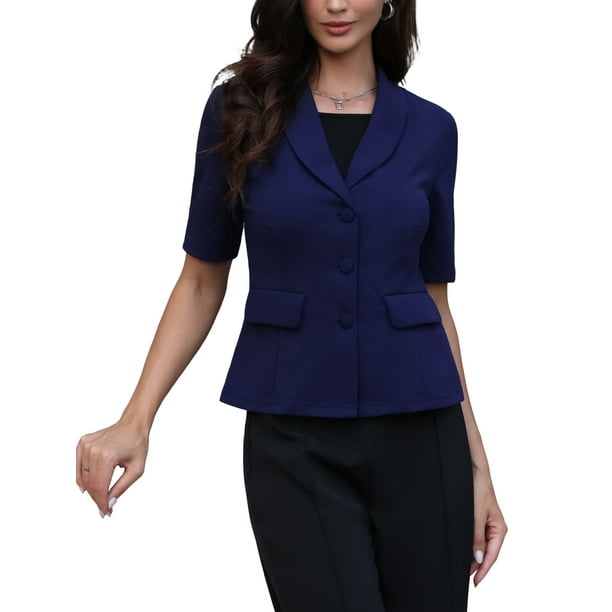 Blazer de manga corta para mujeres, chaqueta de traje de oficina casual de verano, botón, color azul oscuro
