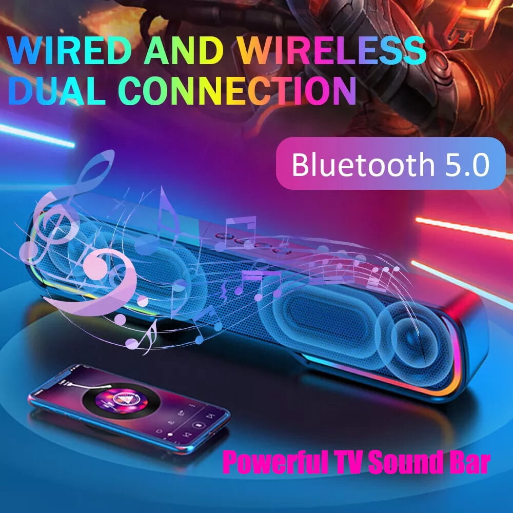Home Theater Bluetooth Soundbar with Bass, 4 Dynamic Light Modes, Bluetooth 5.0, 52mm Magnetic Speakers – Compatible w/ TV, PC, Phone