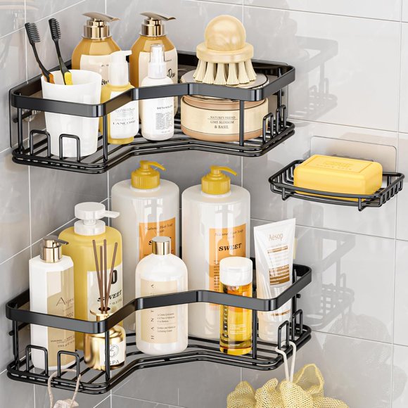 3-Pack Shower Caddy, Shower Organizer with Soap Holder, Corner Shower Caddy with 8 Hooks, Wall Mounted Shower Shelf for Bathroom, Kitchen, Countertop, Black