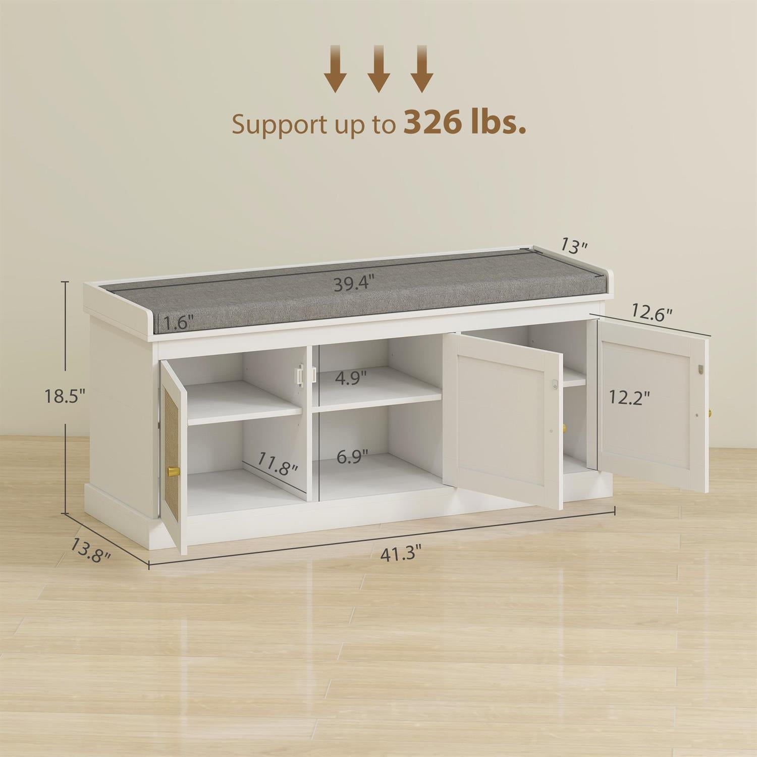 Demi Bonn 41" Shoe Storage Bench with Rattan Design , Adjustable Shelves & Cushion Comfort, Entryway Organizer for Home Decorators, White