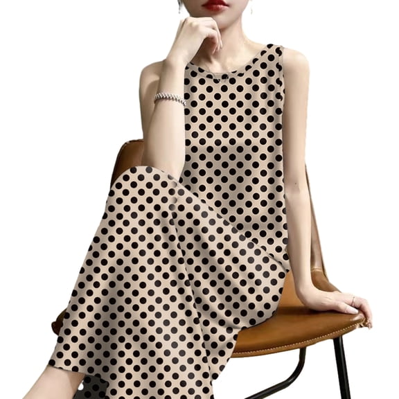 Quixlent Summer Polka Dots Tank Dress for Women Casual Crew Neck Beach Vacation Sundress Loose Sleeveless Midi Dress