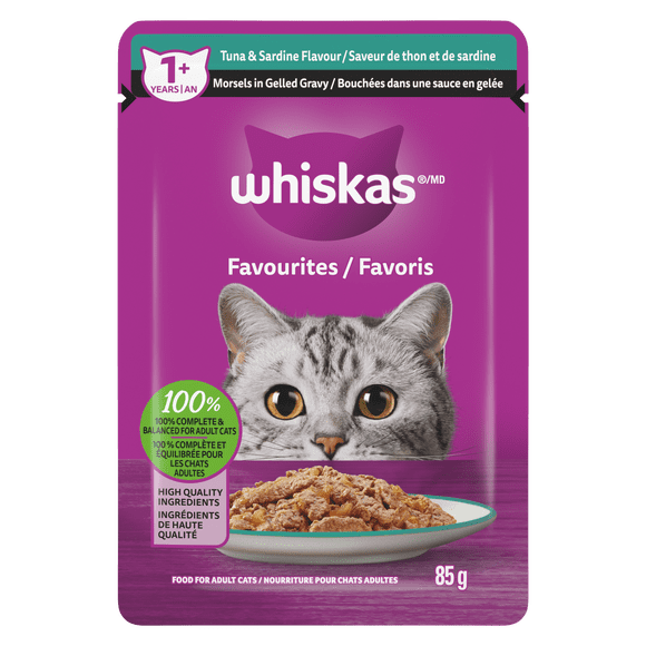 WHISKAS Favourites Adult Wet Cat Food Morsels in Gelled Gravy Tuna & Sardine Flavour 85g Pouch