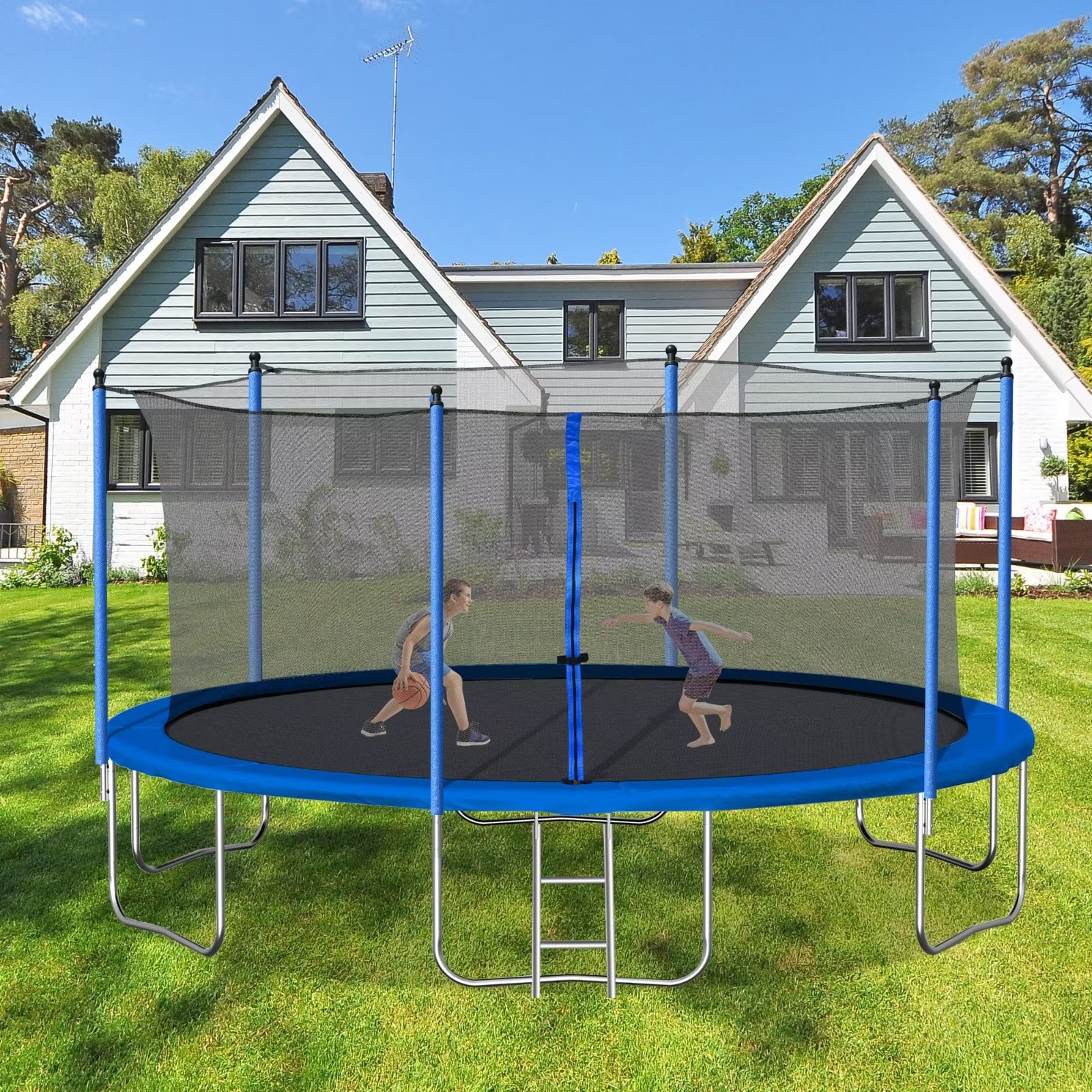 14 Ft Trampoline, Outdoor Exercise Bouncer Rebounders with 360-Degree Safety Net and Steel Tube Legs, Bouncing Trampoline with Ladder and Galvanized Springs Backyard Blue - Walmart.com