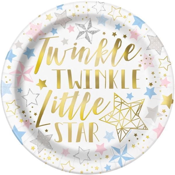 9-inch round paper plate featuring gold foil 'Twinkle Twinkle Little Star' text with decorative pastel and metallic stars for a children's party.