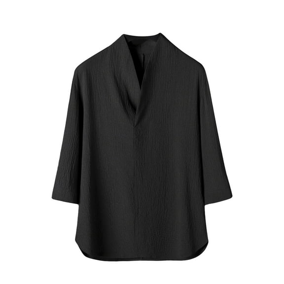 Lovskoo Shirts for Men V Neck Half Sleeve Casual Solid Color Ice Silk Blouses Vacation Beach Summer Tops Black