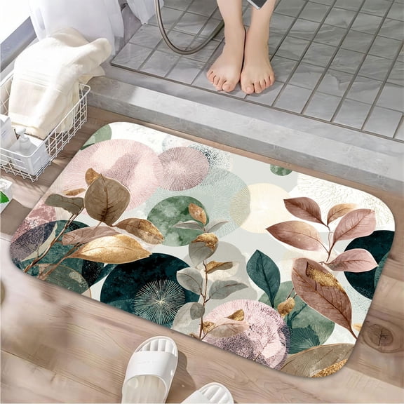 1pc Floral Leaves and Circular Absorbent Non-Slip Bathroom Thickened Flannel Rug Decor,Soft,Quick Drying,Suitable For Indoor/outdoor Use,Bathrooms,Bedrooms,Kitchens,Terrace,Laundry Rooms,16"x24"