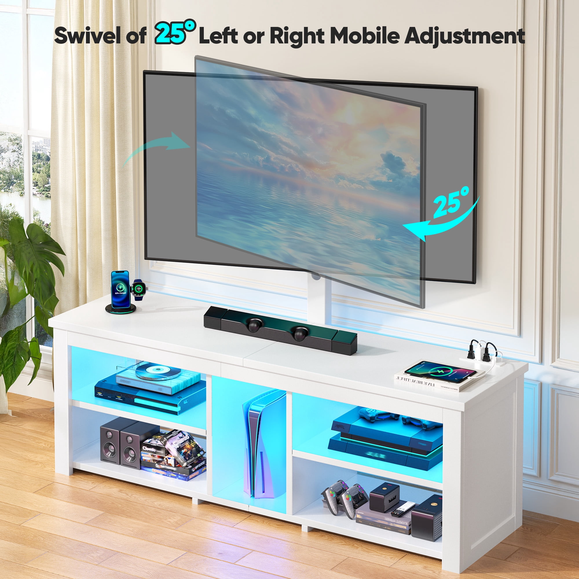 TV Stand with Mount & LED Lights for 70 inch TVs, Swivel Entertainment Center with Power Outlet, White