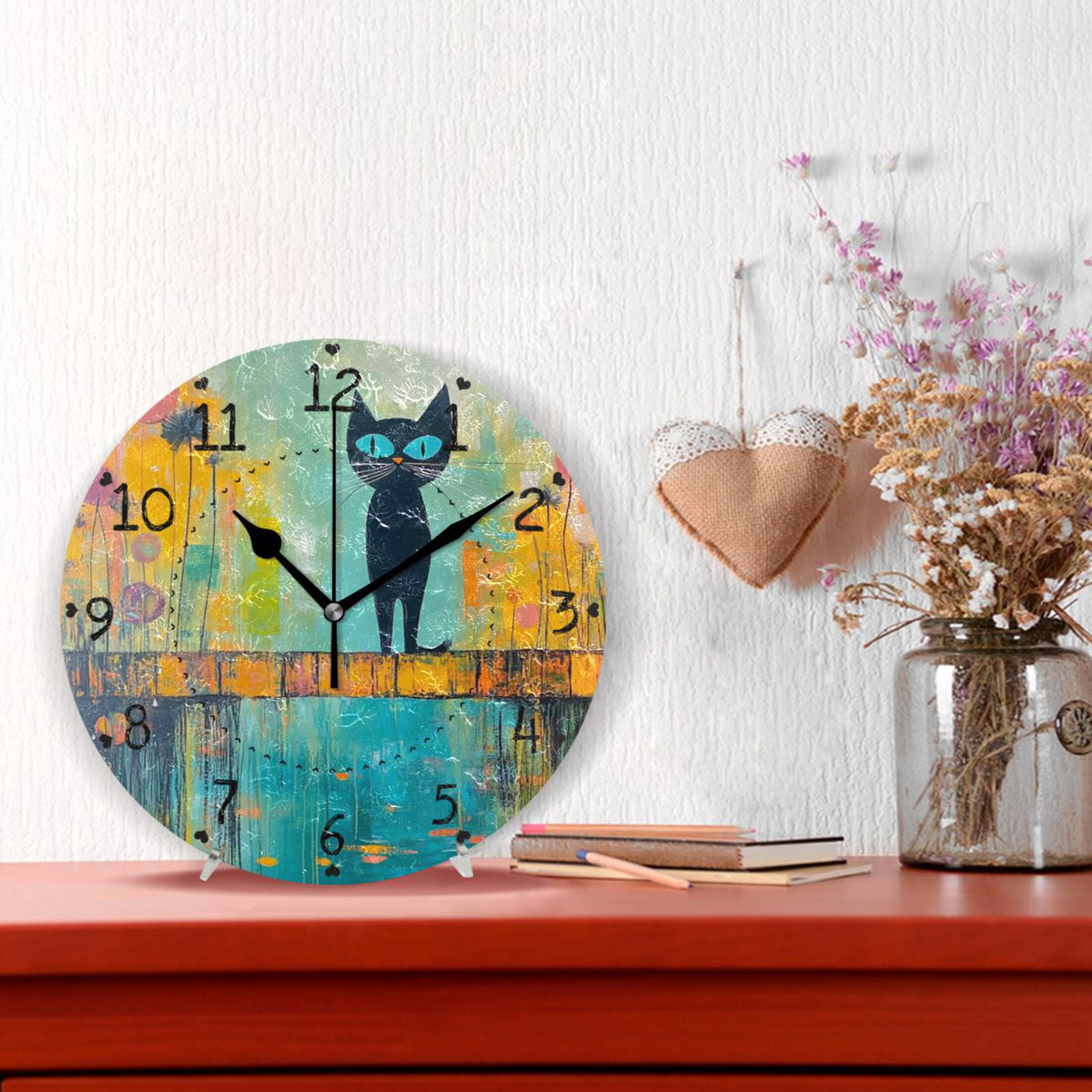 Cat in Abstract Painting Style Round Wall Clock Silent Battery Operated Home Decor for Living Room Bedroom