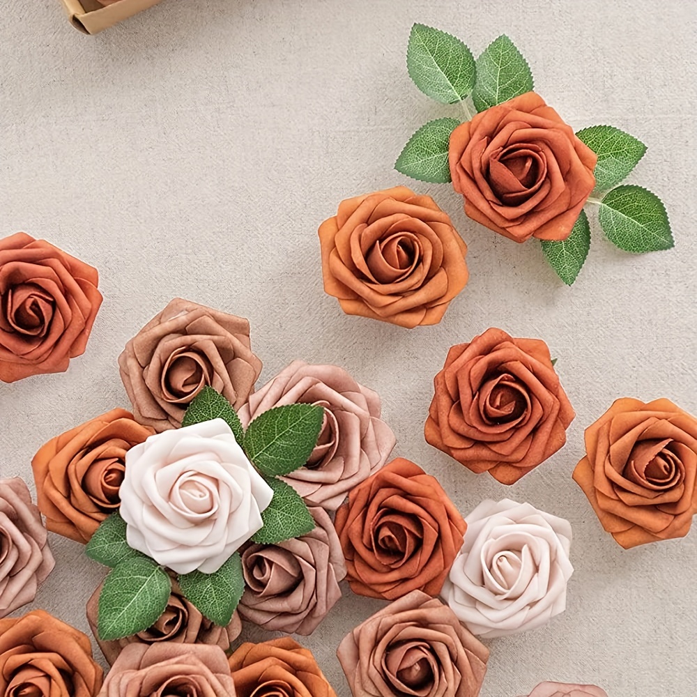 ACMDL  25pcs Simulation Flowers  Shades Of Burnt Orange Artificial Flowers For Outdoor Wedding Theme  Colors Fake Roses With Stem For DIY Outdoor Wedding Party Banquet Celebration Birthda