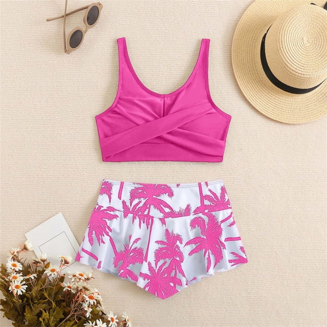 Girls 2 Piece Swimsuits High Waist Bikini Set with Ruffle Top and Swim Shorts Girls Bathing Suit