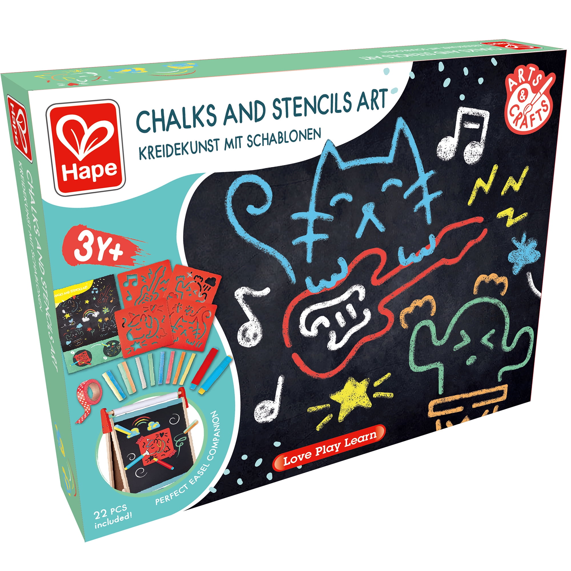 Hape: Chalks & Stencils Art - 22pcs, Activity Art Kit, Stencils, Colorful Dustless Chalk Pieces & Holders, DIY Arts & Crafts Playset, Kids Ages 3+