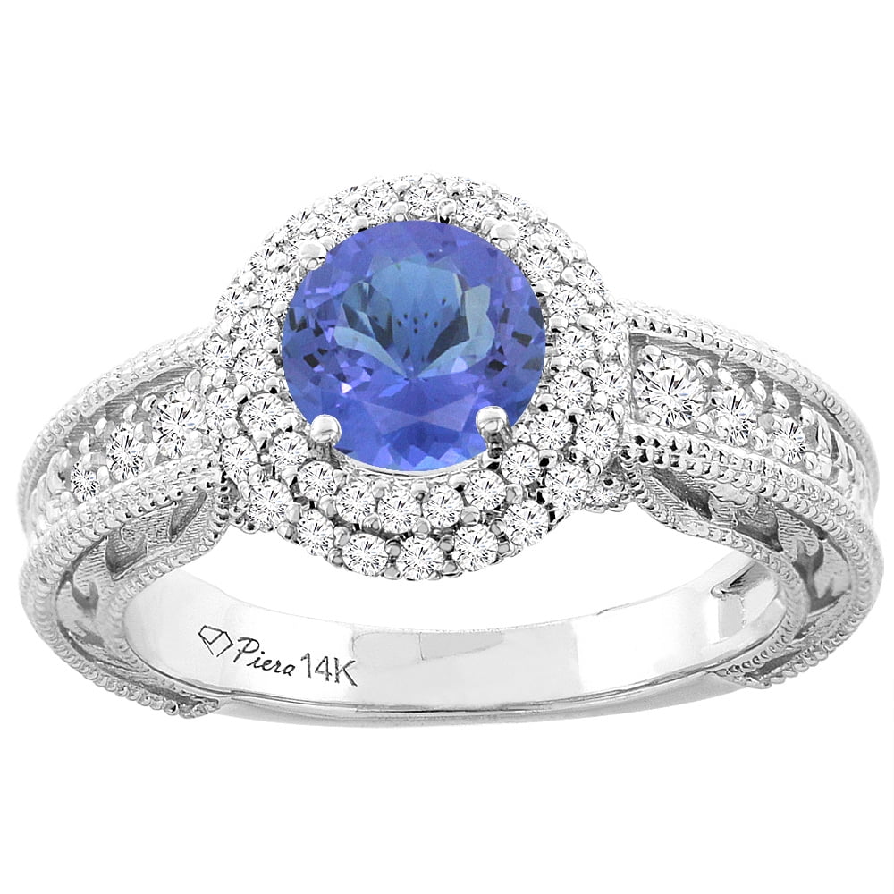 14K White Gold Natural Tanzanite & Diamond Halo Ring Round 6 mm, size 5 by Gabriella Gold
