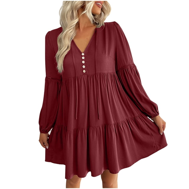 Yuyuzo Women Dresses Long Sleeve Drawstring Button V Neck Tiered Ruffle Flowy Boho Short Dress Solid Color