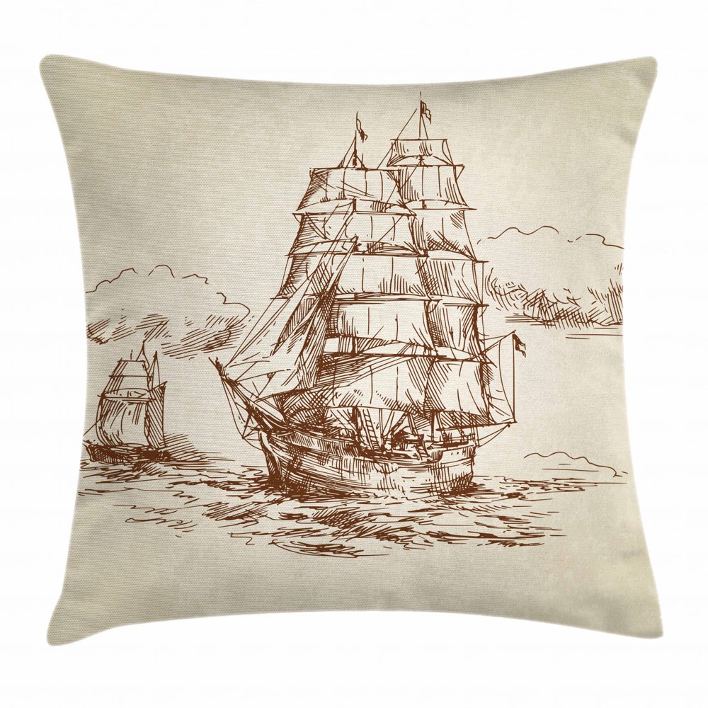 Vintage Boat Throw Pillow Cushion Cover, Historical Weathered Sketch