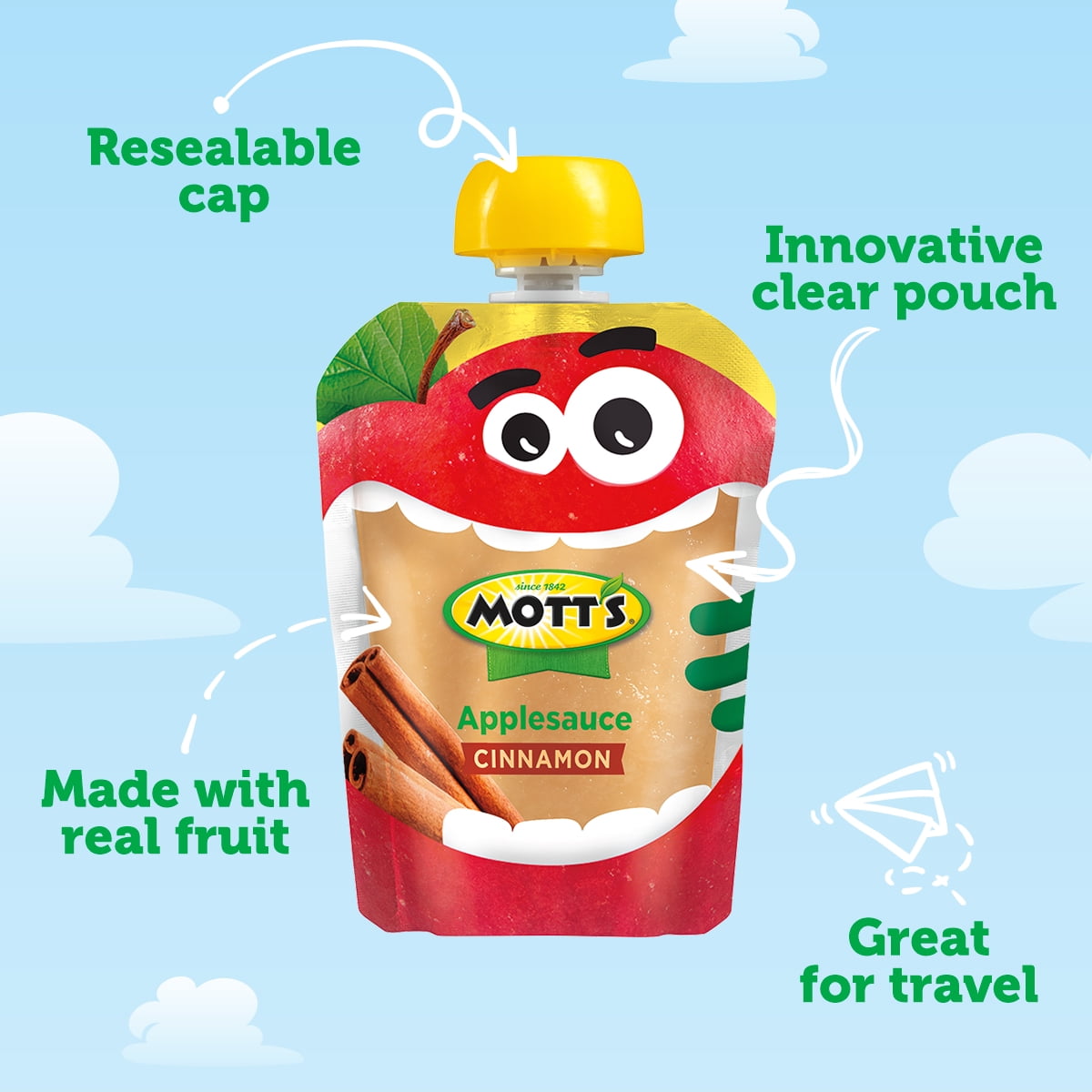 Mott's Cinnamon Applesauce, 3.2 oz, 48 Count Clear Pouches (4 Packs of 12)