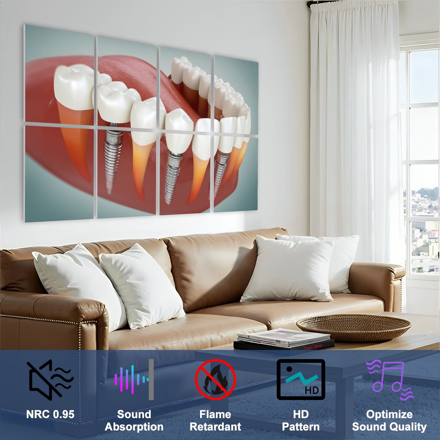 Dental 8 Pack Art Acoustic Panels Sound Absorbing Multiple Dental implant 3D Anatomy Decorative Soundproof Wall Panels Self Adhesive for Physician Hospital Office 48"x32"