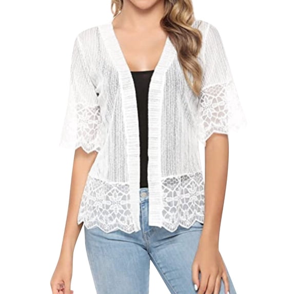 QAFOPEH Women Crochet Lace Mesh Sheer Half Sleeve Lightweight Cardigan