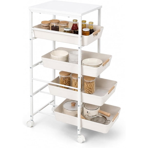 5-Tier Slim Rolling Storage Cart with Wooden Top, 12.6" Narrow Kitchen Cart with Pull-Out Baskets, Mobile Organizer for Bathroom Laundry Small Spaces