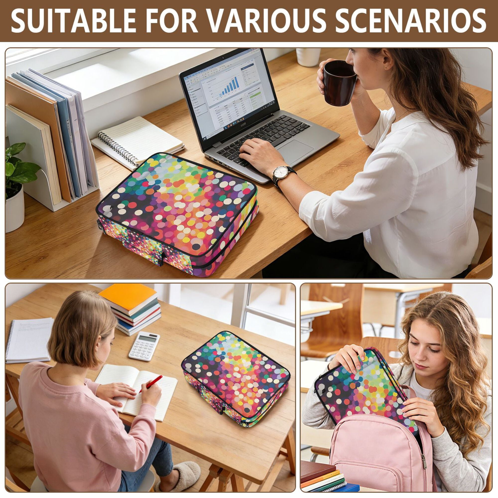 FORMRS Accordion File Folder A4 Size 7-Pocket Expanding Document Organizer Bag with 3 Ring Binder, Green Colorful Circles