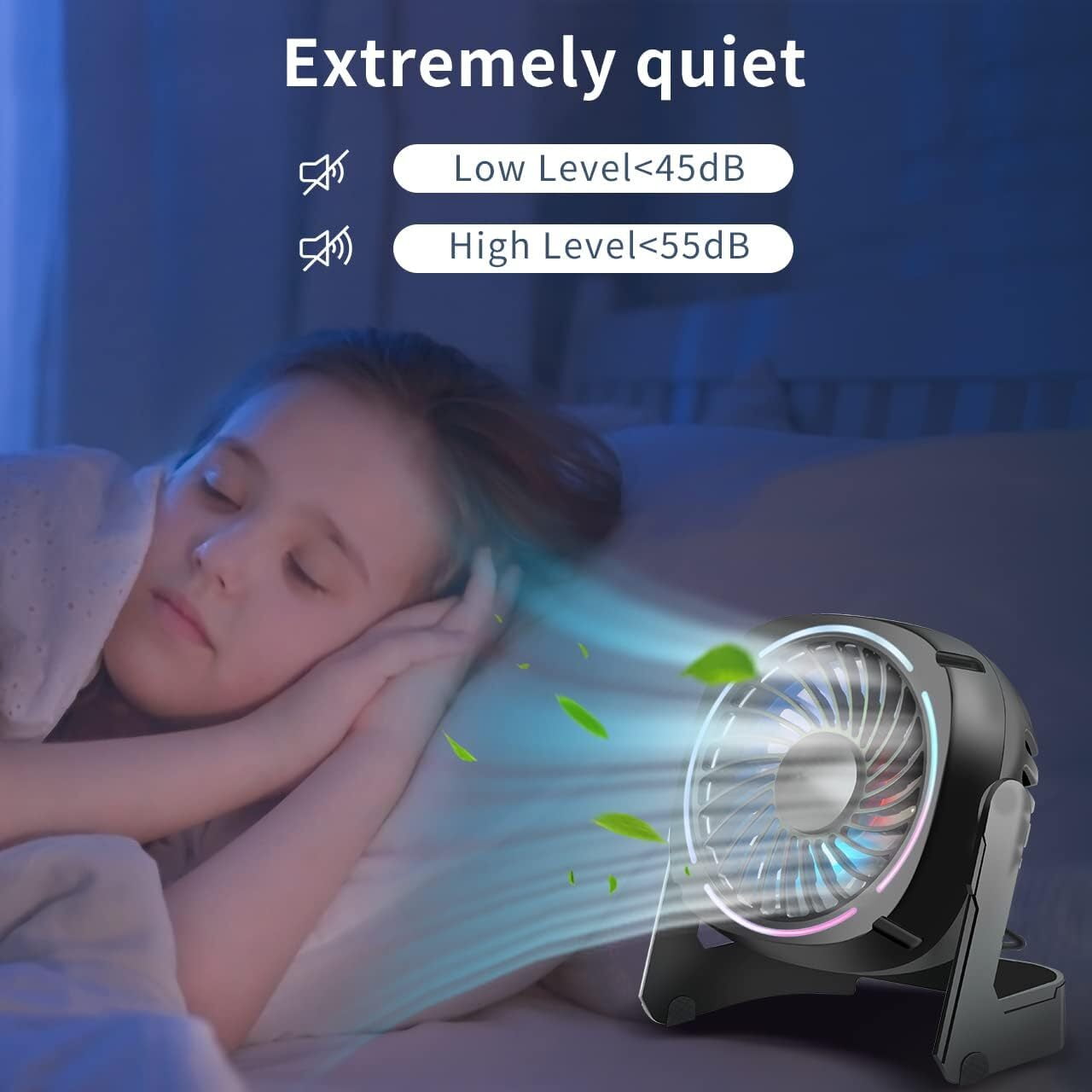 VOCOO Small USB Desk Fans - 5.3 Inch Portable Table Fans with 3 Levels Air Flow, 8 Color LED Lights, 360° Rotation, Quiet Mini Personal Fan for Home Office Desktop