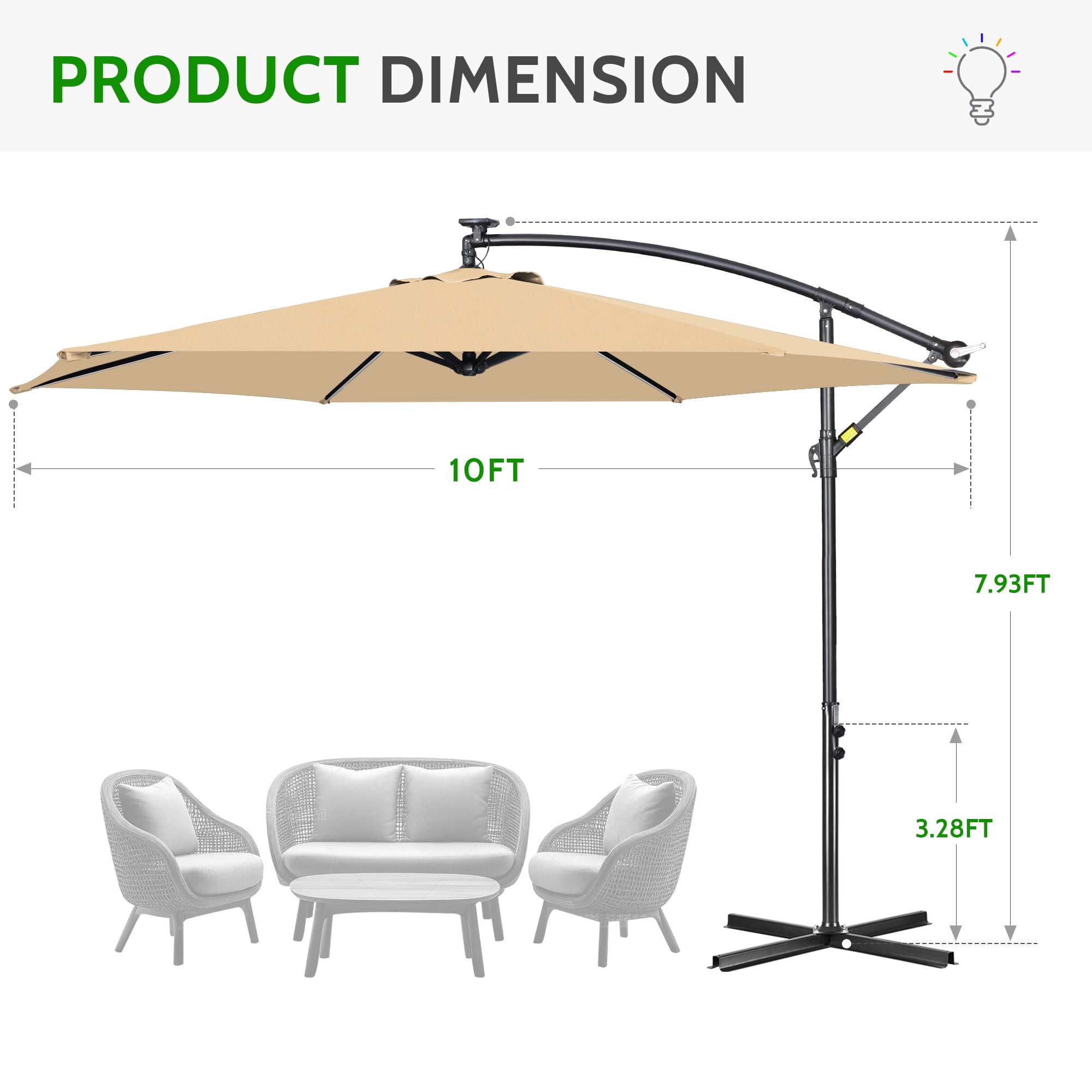 Scafild | 10 ft Colorful Lighted Cantilever Offset Hanging Outdoor Patio Umbrella W/ Easy Tilt - Off-white