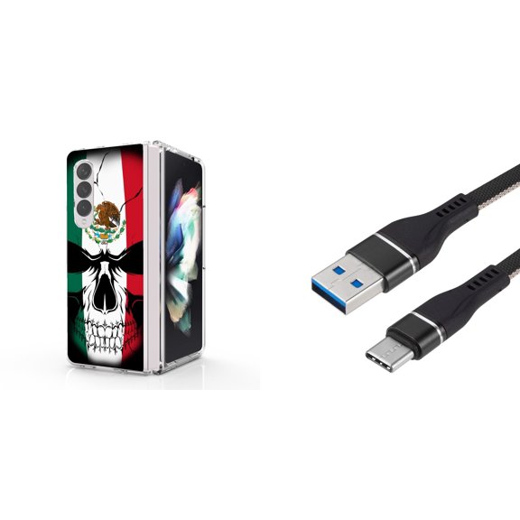 Accessory Bundle for Galaxy Z Fold 4: Slim Snap-On Case (Mexico Skull), Nylon Braided USB-C to USB-A Cable (3 Feet)